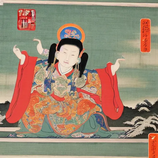 Prompt: chinese taoist saint, yongle palace mural painting style, by wu daozi,