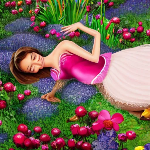 Image similar to a disney cartoon illustration of miranda kerr as sleeping beauty, dynamic lighting, 4 k hdr, hyper realistic, pretty face, in a forest flower garden, smiling