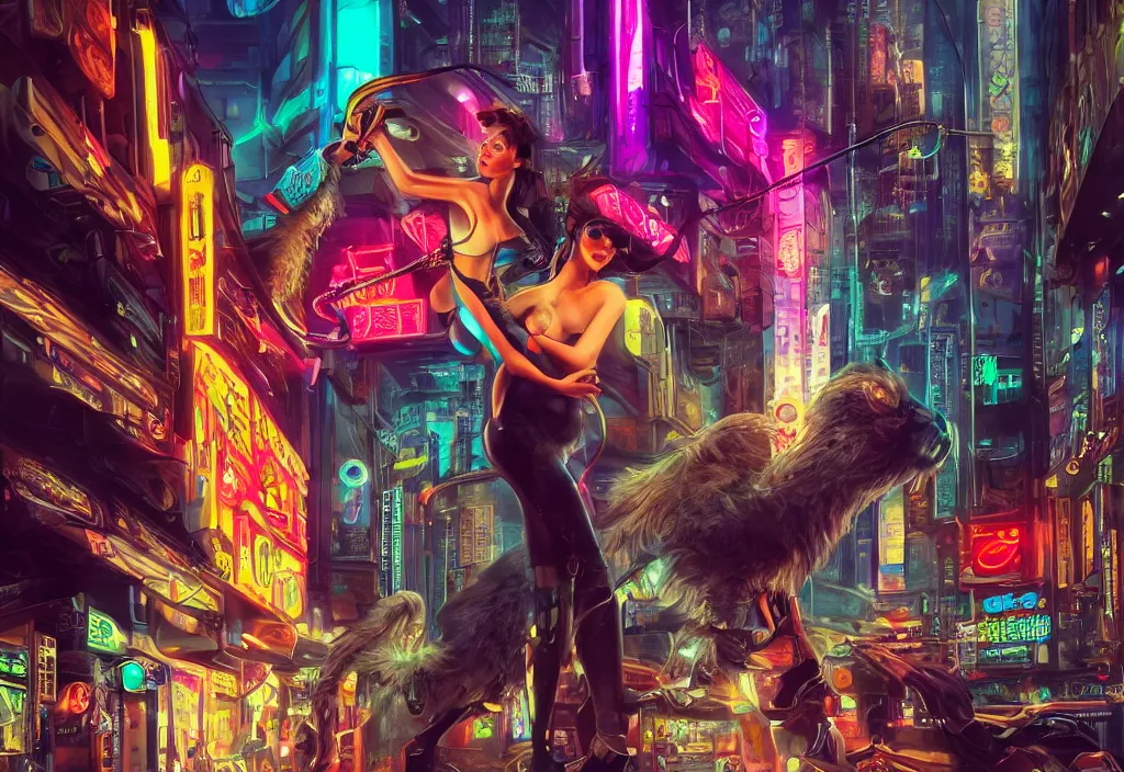 Prompt: a beautiful woman holding a crazy creature on a leash, cyberpunk style, futuristic, realism, wide shot, busy street, dramatic lighting, neon signs, digital art, 8k resolution, high detail, by Boris Vallejo