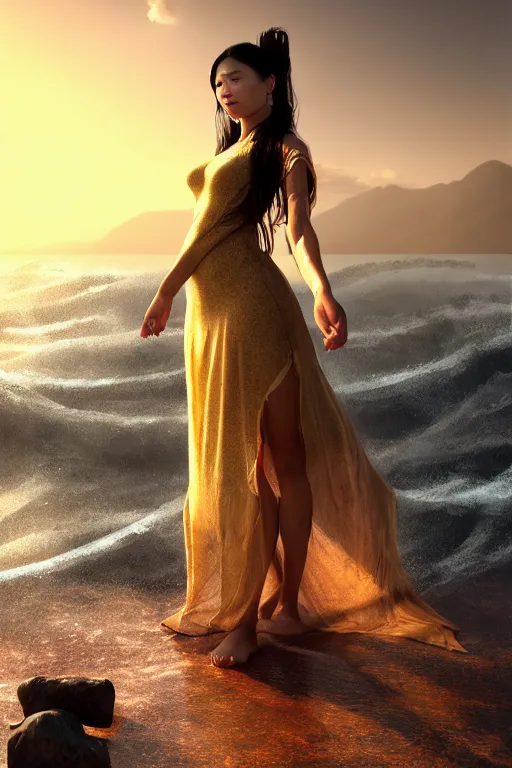 Image similar to ! dream photorealistic long shot of a dark mystical goddess wearing a qipao dress, big sun rough sea and jagged rocks, nets, plastic bottles, garbage, sand and sea, golden hour, ao dai, environmental, fantasy, atmospheric, hyper realistic, artstation, art by artgerm, andres rodriguez and john william waterhouse