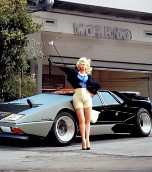 Prompt: marilyn monroe getting into a Lamborghini Countach parked in Beverly hills like wolf of wall street