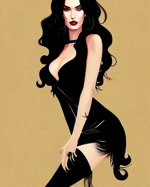 Image similar to megan fox with dark eye makeup, fancy vegas show girl in a bar dancing on stage, long windblown black hair, glamorous pose, digital illustration, wlop, charlie bowater, octane