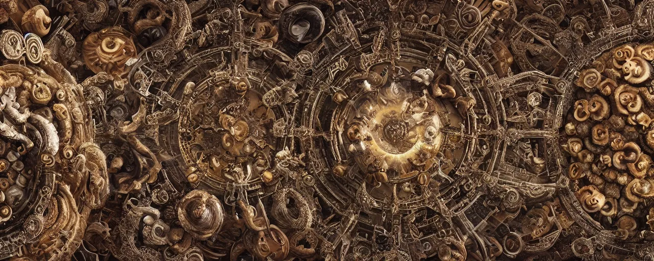 Prompt: planet made of mushrooms and ornate bronze gears, [ cinematic, detailed, epic, widescreen, opening, establishing, mattepainting, photorealistic, 4 k, octane render, art by greg rutkowski ]