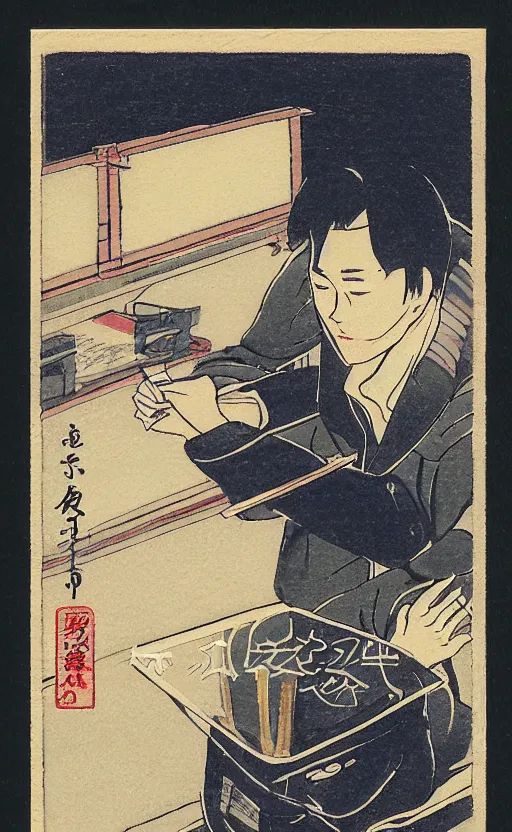 Prompt: by akio watanabe, manga art, a male calligrapher writing next to a lamp, trading card front, winter season, realistic anatomy