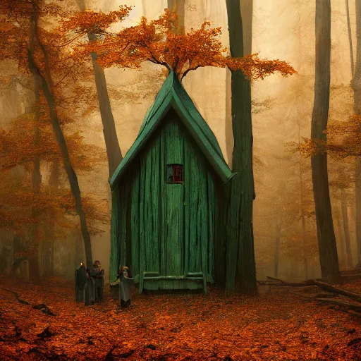 Image similar to shamans hut in an autumn forest, green and brown tones, by Aron Wiesenfeld and beksincki, cinematic, detailed illustration, nature, fog, dark colors, suspense, intricate, 8k