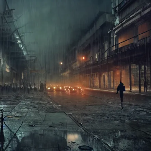 Image similar to A gunfight in a gritty nocturne city, dark city ruins, fog, dark clouds, rain, poverty realistic 4k octane beautifully detailed render, 4k post-processing, highly detailed, intricate complexity, epic composition, magical atmosphere, cinematic lighting, masterpiece, ultra hd