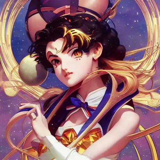 Image similar to Sailor Moon jumping accross the Moon, nature unity, planets align, clear sky high detail, upscale, art by artgerm and greg rutkowski and alphonse mucha