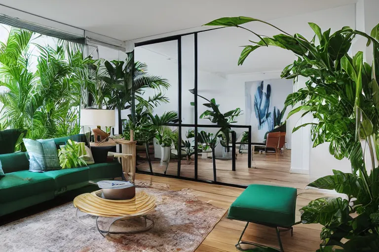 Image similar to tropical interior urban mangrove jungle inspiration modern apartment bachelor pad