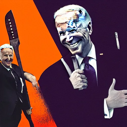 Prompt: joe biden waves to a redditor named joxeta while holding an axe by greg rutkowski and dave mckean in an orange and purple color palette