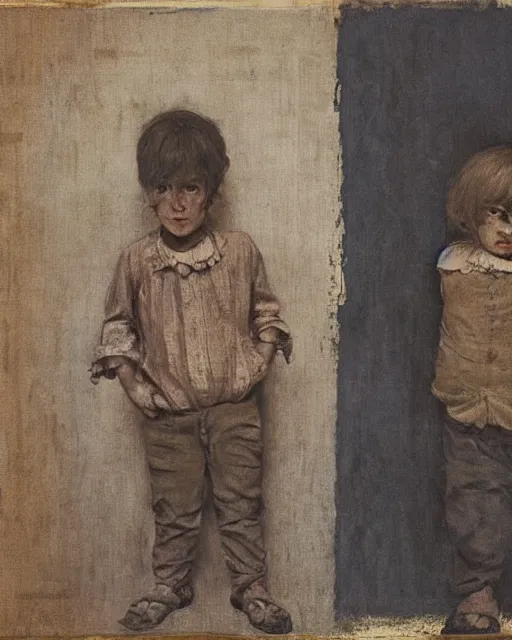 Image similar to two handsome but creepy siblings in layers of fear, with haunted eyes, 1 9 7 0 s, seventies, wallpaper, a little blood, moonlight showing injuries, delicate embellishments, painterly, offset printing technique, by jules bastien - lepage