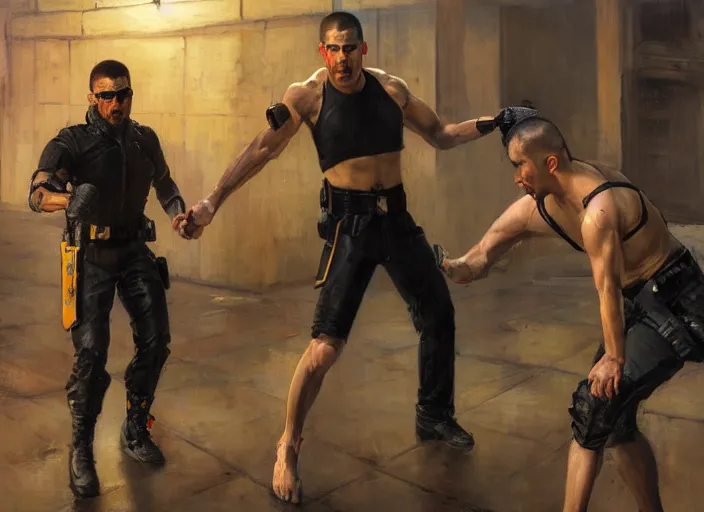 Image similar to Javier fights sgt Nash. Cyberpunk kickboxer in orange jumpsuit fighting menacing police troopers (blade runner 2049). attractive face. Orientalist portrait by john william waterhouse and James Gurney and Theodore Ralli and Nasreddine Dinet, oil on canvas. Cinematic, hyper realism, realistic proportions, dramatic lighting, high detail 4k