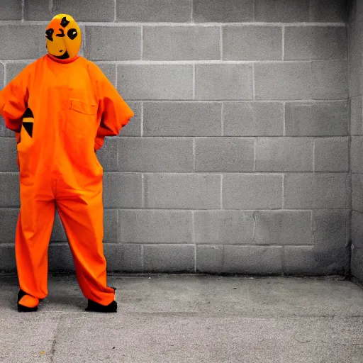 Image similar to inmate with orange suit and wearing a bee head