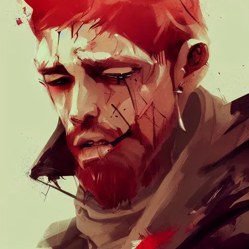 Image similar to human male character art, by Ismail Inceoglu, red hair, red beard, sunken eyes, scars, shabby clothes, digital art, dungeons and dragons, art