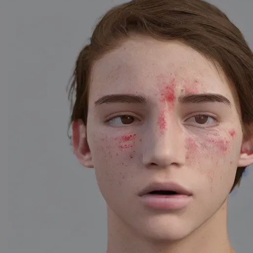 Prompt: caucasian teen suffering from case of extremely bad acne, zits everywhere, acne all over skin, crying face, desperation, anxiety, despair, 4 k, unreal engine 5