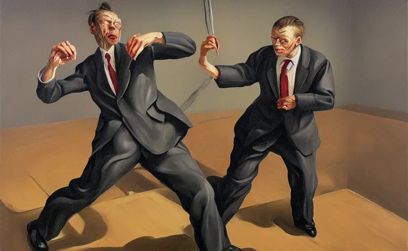 Image similar to Oil painting of two man in a business suit fighting each other by Lucian Freud, Abstract brush strokes, Masterpiece, Edward Hopper and James Gilleard, Zdzislaw Beksinski, Mark Ryden, Wolfgang Lettl highly detailed, hints of Yayoi Kasuma