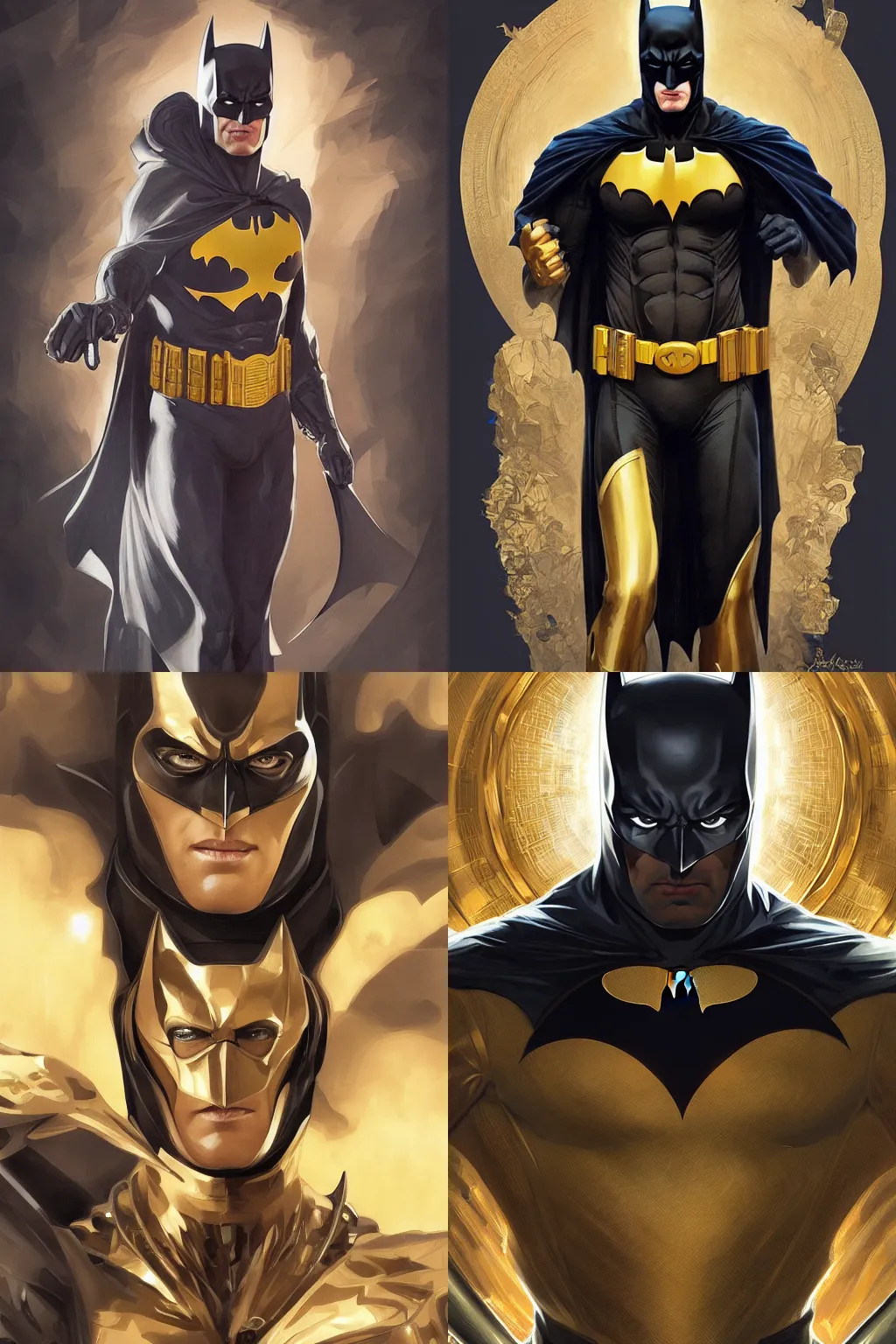 Prompt: Batman with a gold suit, portrait, intricate, elegant, highly detailed, digital painting, artstation, concept art, smooth, sharp focus, illustration, art by artgerm and greg rutkowski and alphonse mucha