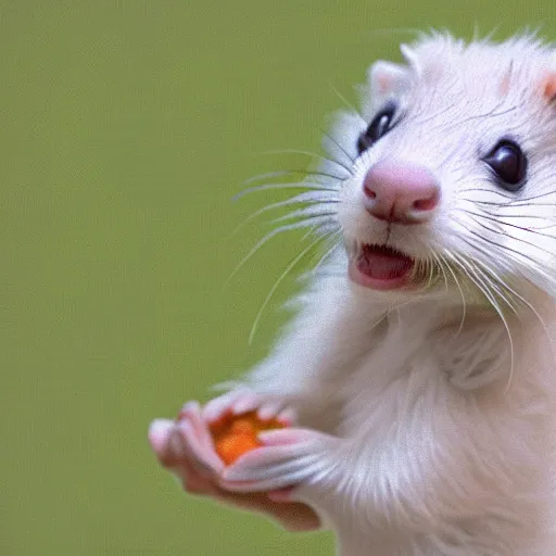 Prompt: a cute animated ferret eating chicken