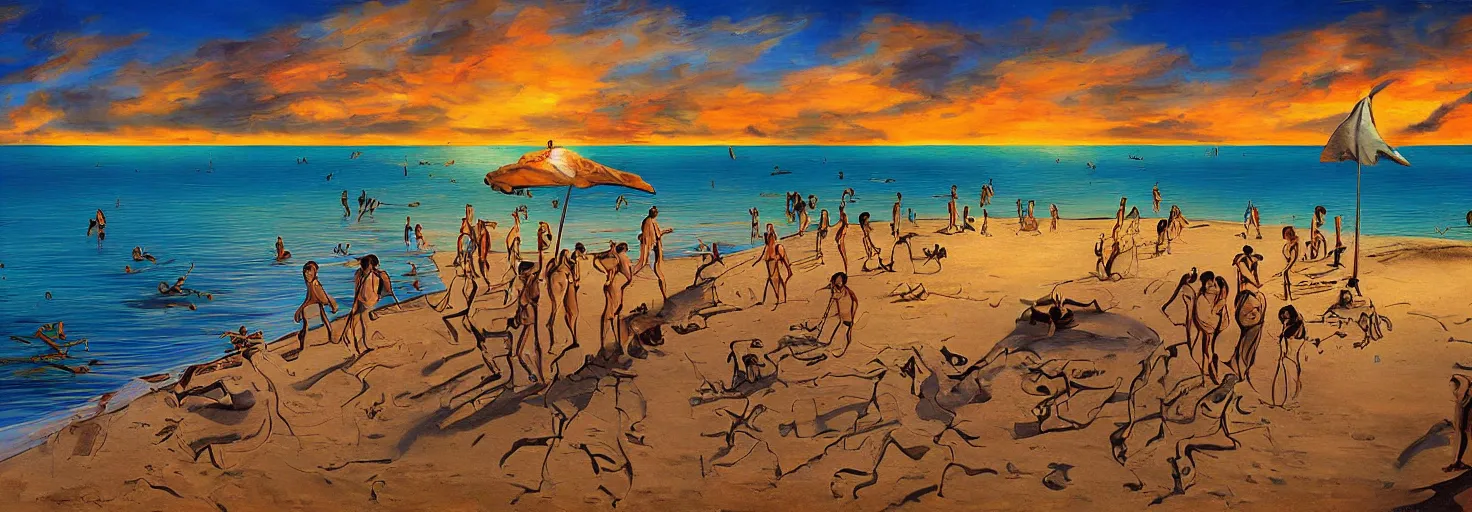 Prompt: People in beach by Salvador Dali and Bob Ross collaboration, mural, sun set, digital art, high details