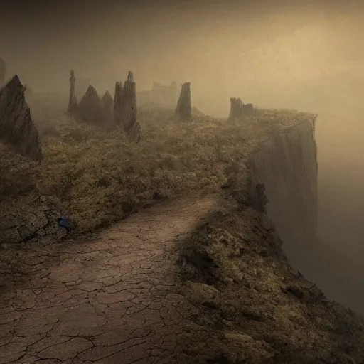 Image similar to a long winding pathway with no terrain on either side, cliffs with no bottom, creepy, gloomy, nightmare, dark rocks, dusty, sepia tones, with a mysterious dark castle at the of the path, digital art, 8 k, concept art, trending on artstation