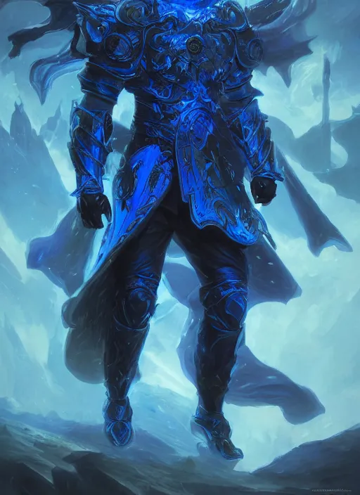 Image similar to kaladin stormblessed in shardplate. a knight in amazing fantasy armor that glows, bursting with blue light, sleek, lightweight but imposing, light glowing from the seams. intricate and ornate. concept art from artstation. beautiful highly detailed fantasy painting by greg rutkowski