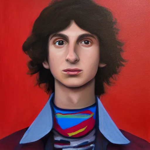 Image similar to a portrait of finn wolfhard as a drone, red, oil painting, pale colors, high detail, 8 k, wide angle, trending on artstation,