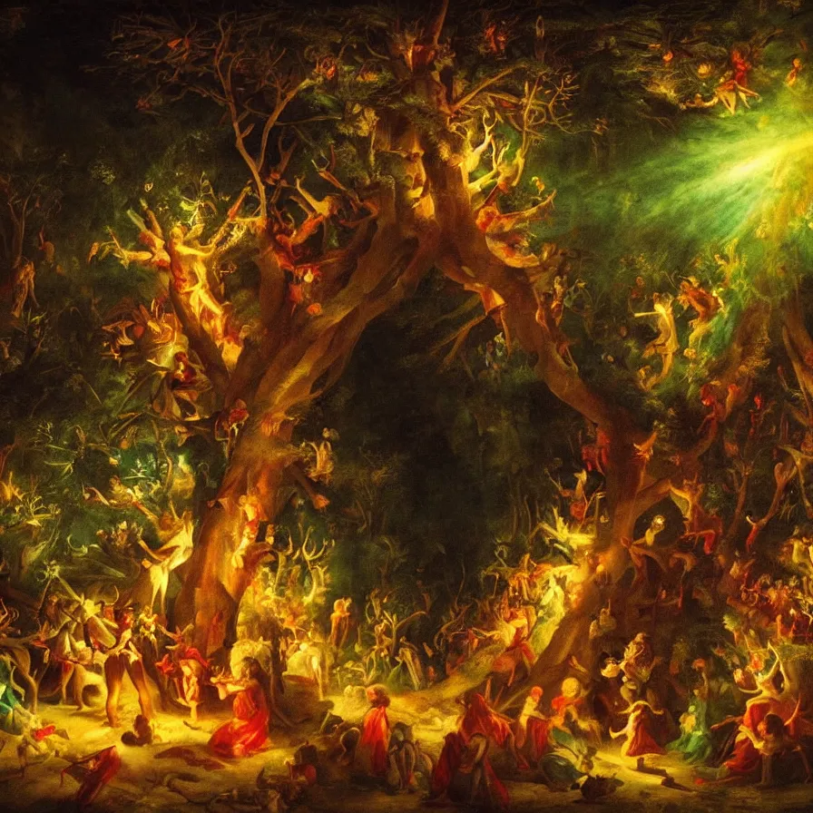 Image similar to closeup of a night carnival inside a tree cavity in a magical forest in the middle of a summer storm, with a music scenario with many fireworks and christmas lights, volumetric lightning, instense god rays in the sky, folklore people disguised with fantastic creatures in a magical forest by summer night, masterpiece painted by ary scheffer, very coherent and colorful high contrast masterpiece,