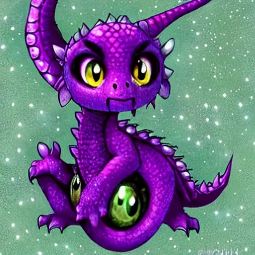 Prompt: adorable baby dragon, the dragon is purple and glittery, big eyes, fantasy concept art, pastels, ethereal fairytale, kawaii