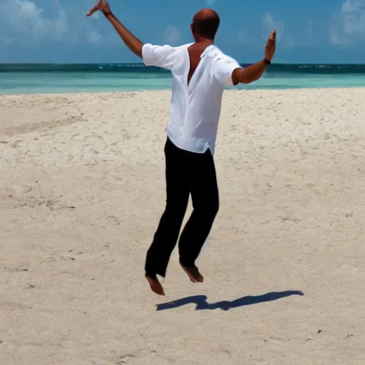 Prompt: artistic representation of a happy man dancing alone in aruba on the beach