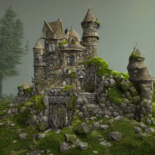 Image similar to a beautiful realistic detailed castle carved in a stone, gate, surreal, surrounded by mold and moss, photorealistic, octane render, volumetric lighting, 8 k, cinematic lighting, hd