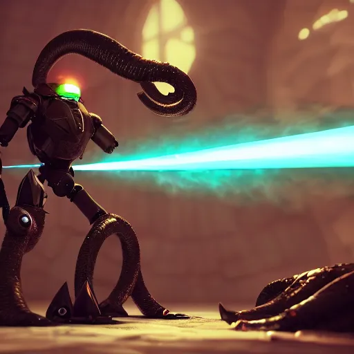Image similar to an epic cinematic battle, a wizard, an evil tentacle ai robot, octane render