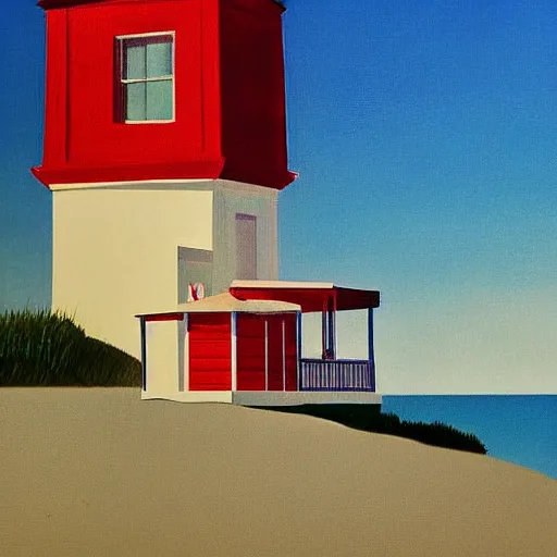 Prompt: day at the beach with a view of the lighthouse, minimalist, 7 0 s, stanley kubrick the shinning, american gothic, vibrant colors americana, cinematic, volumetric lighting, ultra wide angle view, realistic, detailed painting in the style of edward hopper and rene magritte