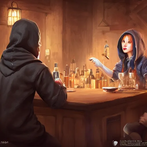 Image similar to a beautiful barmaid trying to cheer up a gloomy guy wearing a hood, sitting in a dark tavern at the corner , made by Stanley Artgerm Lau, WLOP, Rossdraws, ArtStation, CGSociety, concept art, cgsociety, octane render, trending on artstation, artstationHD, artstationHQ, unreal engine, 4k, 8k,