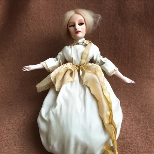 Image similar to alice in wonderland. porcelain doll. fragile. pastels. alabaster skin. realistic, skin - like matte finish. french doll. bisque. gold paint accents. photorealistic