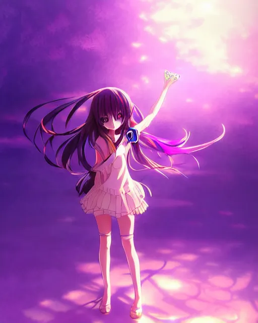 Prompt: anime style, vivid, expressive, full body, 4 k, painting, a cute magical girl with a long wavy black hair, stunning, realistic light and shadow effects, centered, violet sunlight, simple background, studio ghibly makoto shinkai yuji yamaguchi