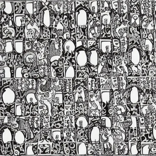 Prompt: an intricate tiled pattern of cats and dogs by mc escher, black and white painting