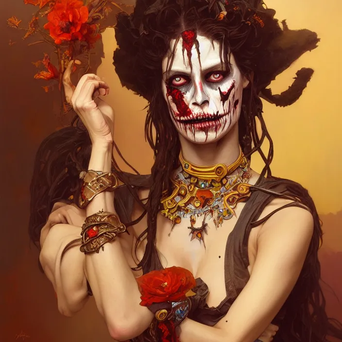 Image similar to excellent painted portrait of the undead queen of the southern burning plains, character artwork, 8k resolution artwork, trending on artstation, detailed oil painting portrait, art by artgerm and greg rutkowski and alphonse mucha and craig mullins and James Jean and Andrei Riabovitchev and Marc Simonetti and peter mohrbacher