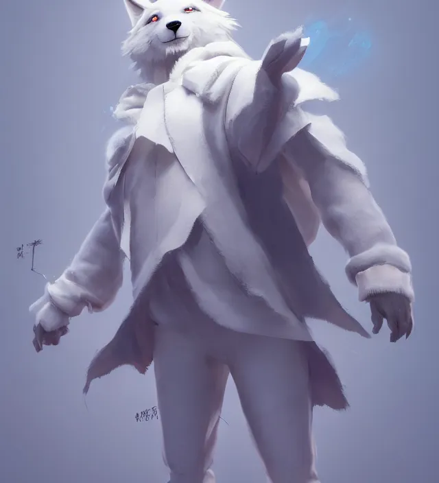 Prompt: a beautiful fullbody portrait of a cute male anthropomorph white wolf wearing a kigurumi. character design by cory loftis, fenghua zhong, ryohei hase, ismail inceoglu and ruan jia. artstation, volumetric light, detailed, photorealistic, rendered in octane