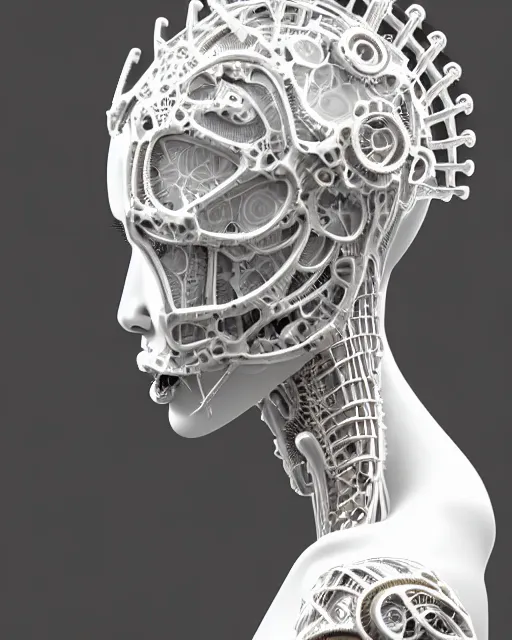 Image similar to bw 3 d render, stunning beautiful young cute biomechanical albino female cyborg with a porcelain profile face, angelic, rim light, big leaves and stems, roots, fine foliage lace, alexander mcqueen, art nouveau fashion embroidered, steampunk, silver filigree details, hexagonal mesh wire, mandelbrot fractal, elegant, artstation trending