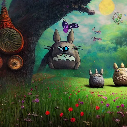 Image similar to totoro tripping on lsd, intricate detail, royo, klimt, miro, vallejo, frazetta, giger, whealan, hd, unreal engine,