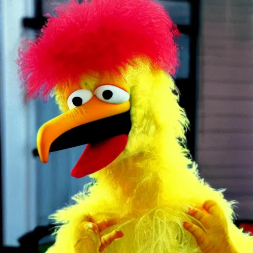 Image similar to big bird from sesame street under your bed, disturbing, creepy, dark, scary.