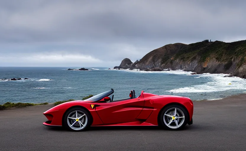 Image similar to a still of a ferrari monza sp 2 parked along the pacific coast highway, ocean in the background, 8 k,