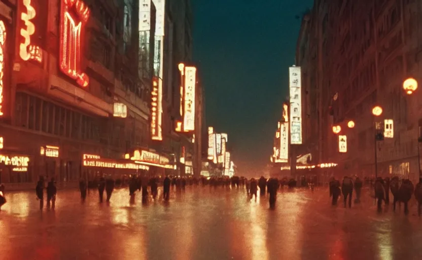 Prompt: 1970s movie still of a yougoslavian street with many pedestrians with stalinist style skyscraper, Cinestill 800t 18mm, heavy grainy picture, very detailed, high quality, 4k panoramic, HD criterion, dramatic lightning, neon billboards streetlight at night, rain, mud, foggy, CCCP flags all around