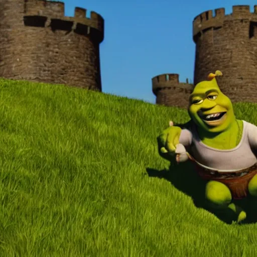 Prompt: shrek rolling down a hill towards a castle with explosives strapped to his chest