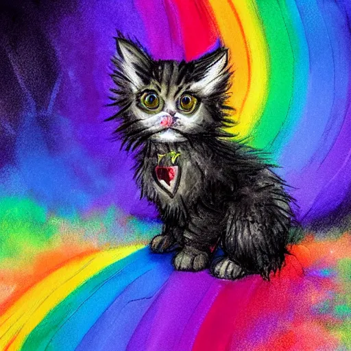 Image similar to wide angle full body, of a fluffy cute rainbow kitten wearing a black leather motorcycle jacket, concept art