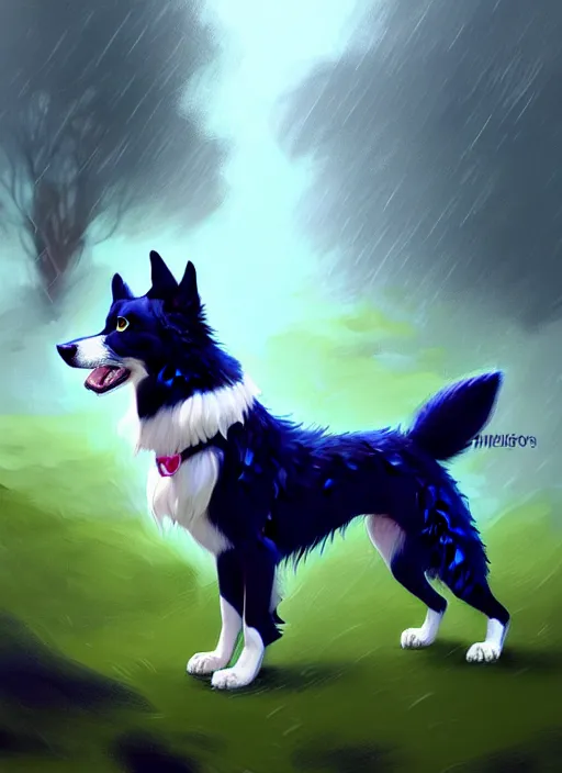 Image similar to full body digital painting of a cute male anthropomorphic border collie fursona wearing a blue dog collar and standing in the rain, furaffinity, beautiful, model pose, realistic proportions, highly detailed, scenic background, trending on artstation, art by charlie bowater and henry asencio and and ross tran