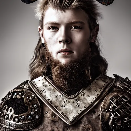 Image similar to a portrait of a beautiful young viking male wearing an alexander mcqueen armor , photographed by andrew thomas huang, artistic