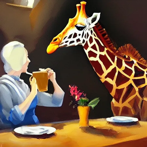 Image similar to a giraffe dressed like an astronaut drinking tea with queen isabel, trending on artstation, art by greg manchess, guangjian, detailed digital art, artstation hd