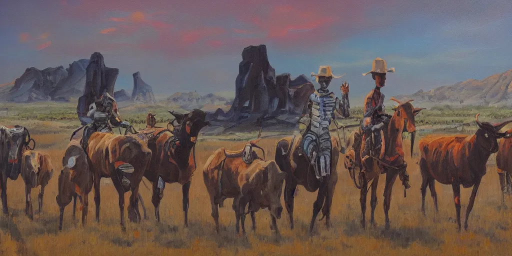 Image similar to Robot cowboys settling in for the night after a long day herding alien cows, old west landscape oil paint on canvas