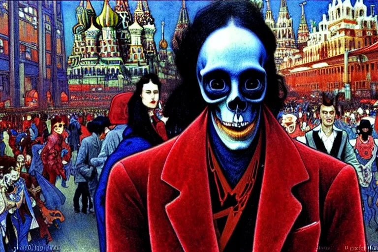 Image similar to realistic detailed closeup portrait painting of a single skeleton wearing red velvet blazer in a crowded futuristic moscow street by Jean Delville, Amano, Yves Tanguy, Alphonse Mucha, Ernst Haeckel, Edward Robert Hughes, Roger Dean, rich moody colours, blue eyes