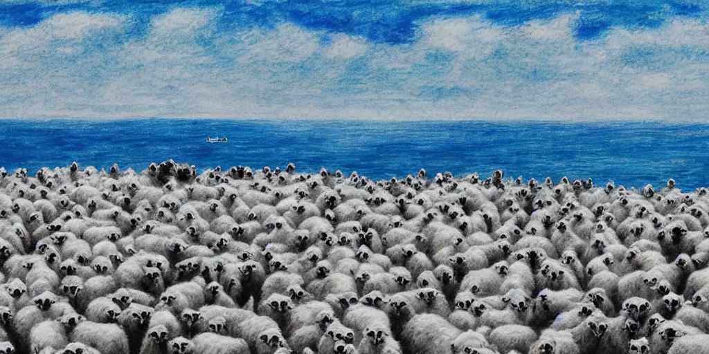 Prompt: a hundred white sheep running fast in the direction of a cliff and we can see them falling like lemmings down the rocks below to the sea and the crashing white waves, there is one single black sheep going against the crowd, clear blue skies, old colored sketching, lateral sideways horizon panoramic shot
